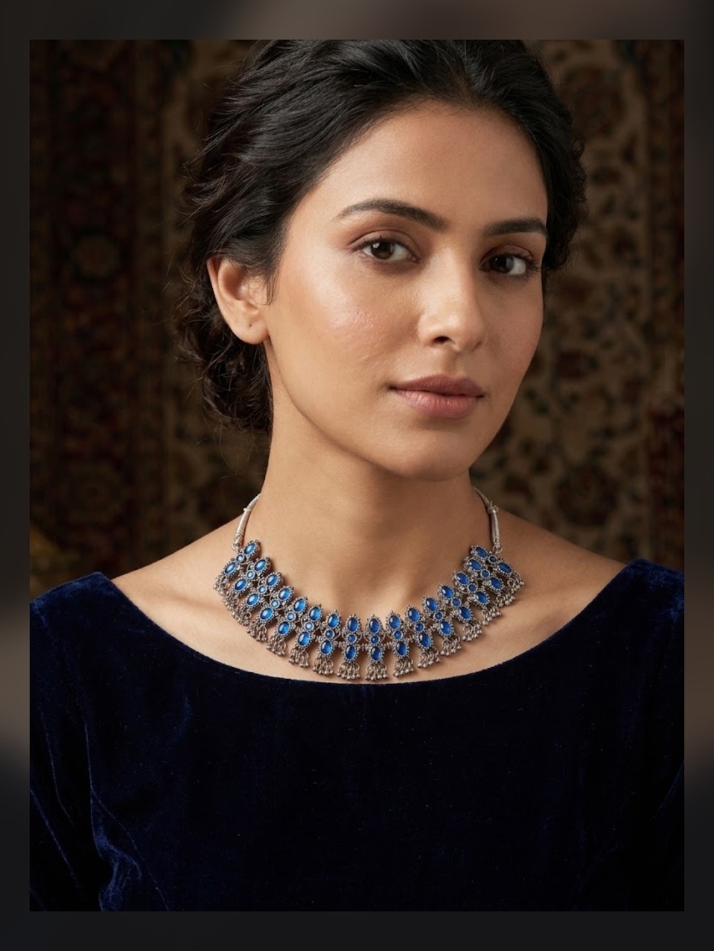 Elegant Blue Stone Silver-Tone Choker Necklace - Women Jewelry